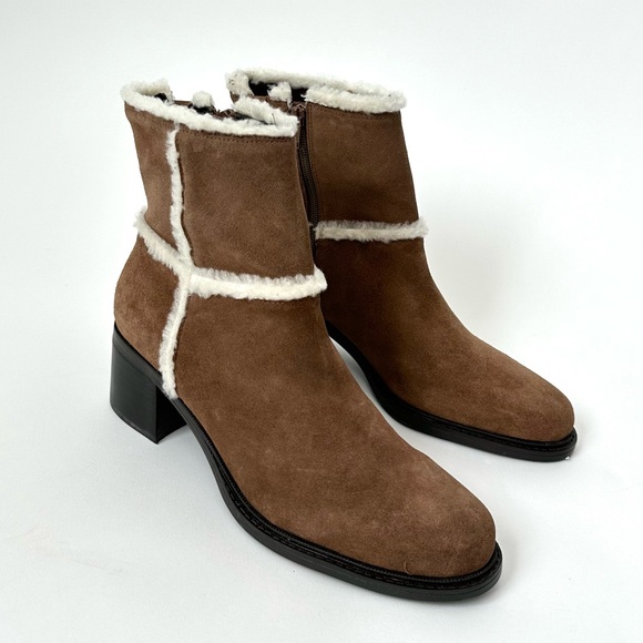 BROWN SUEDE LEATHER SHEARLING SHORT BOOTS by Markon Zipped with Heel Size- 9 1/2 - Picture 11 of 13